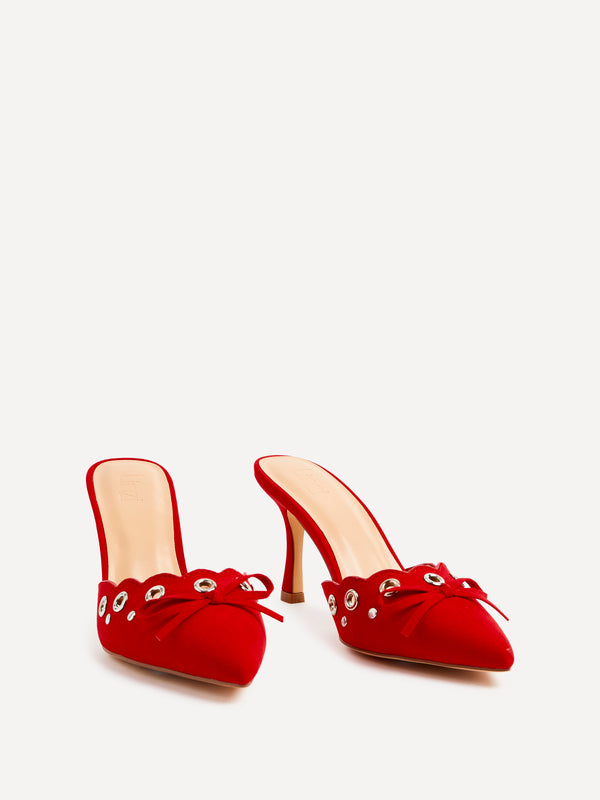Linzi Red Faux Suede Pointed Mule With Bow Detail