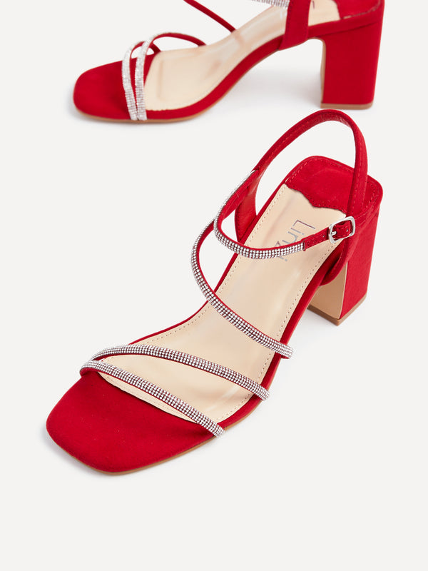 Linzi Red Faux Suede Strappy Diamante Block Heel