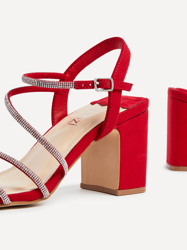 Linzi Red Faux Suede Strappy Diamante Block Heel