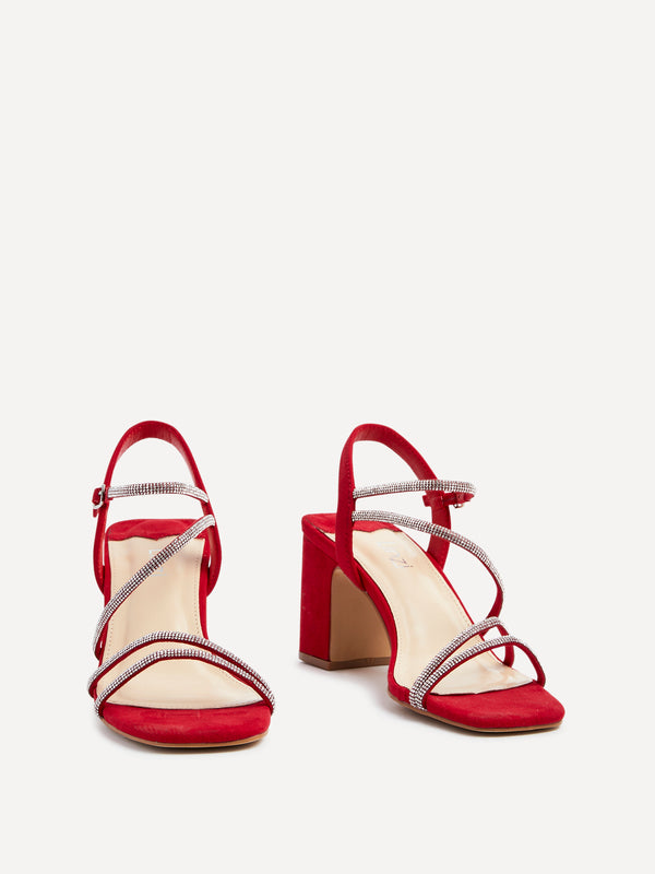 Linzi Red Faux Suede Strappy Diamante Block Heel
