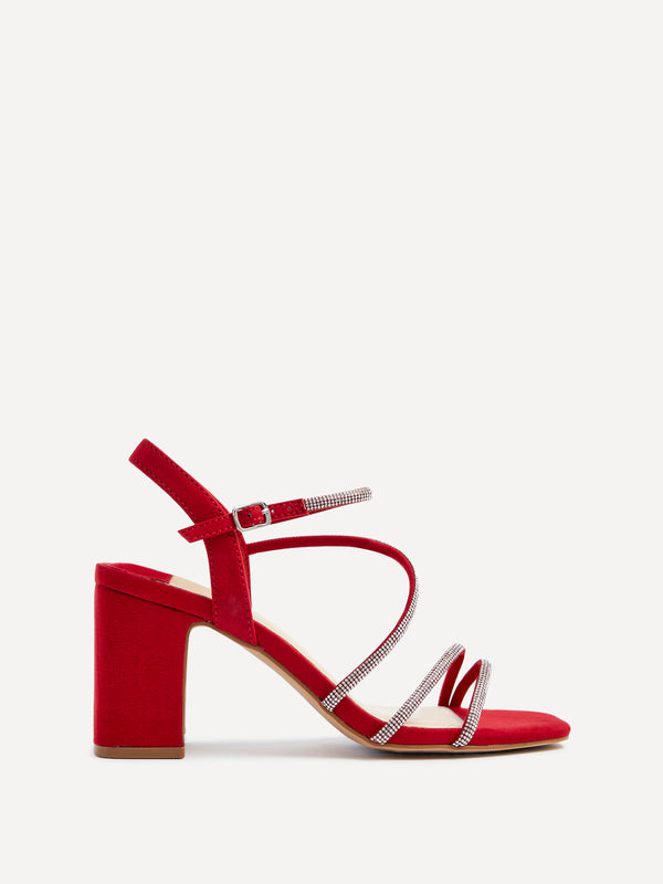 linzi Red Faux Suede Strappy Diamante Block Heel
