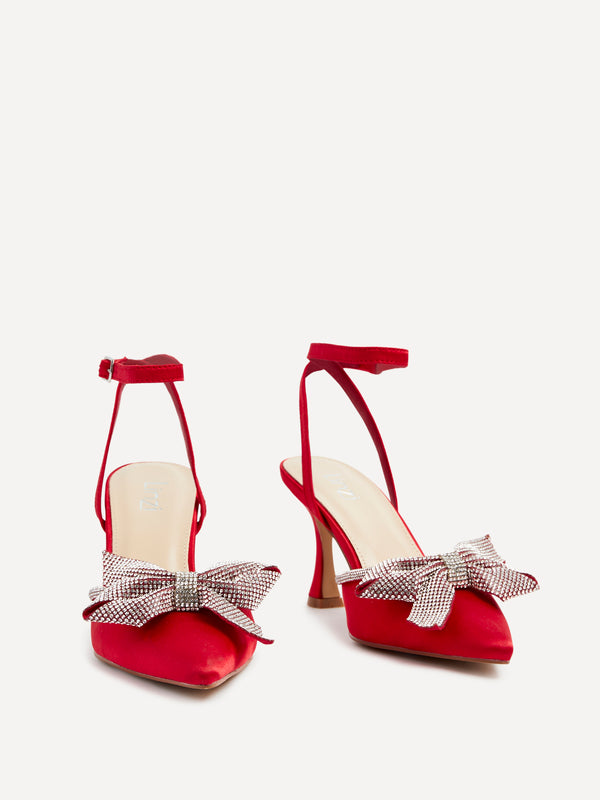 Linzi Red Satin Diamante Bow Detail Court Heel