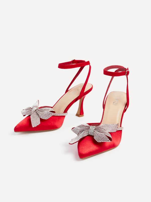 Linzi Red Satin Diamante Bow Detail Court Heel