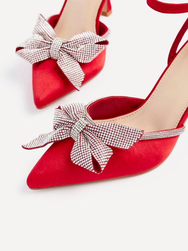 Linzi Red Satin Diamante Bow Detail Court Heel