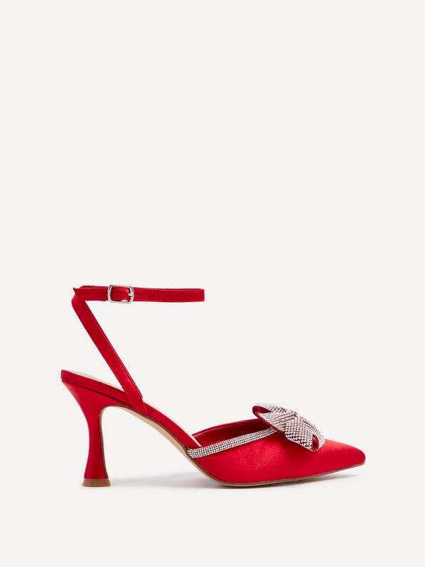 linzi Red Satin Diamante Bow Detail Court Heel