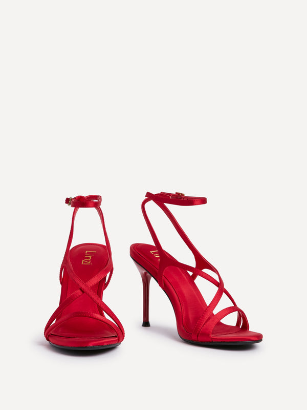 Linzi Red Satin Strappy Stiletto Heels