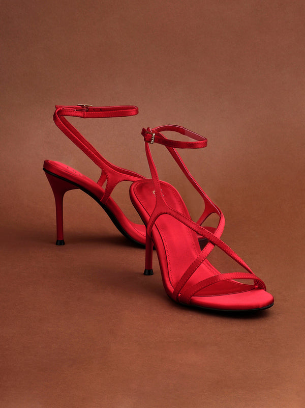 linzi Red Satin Strappy Stiletto Heels