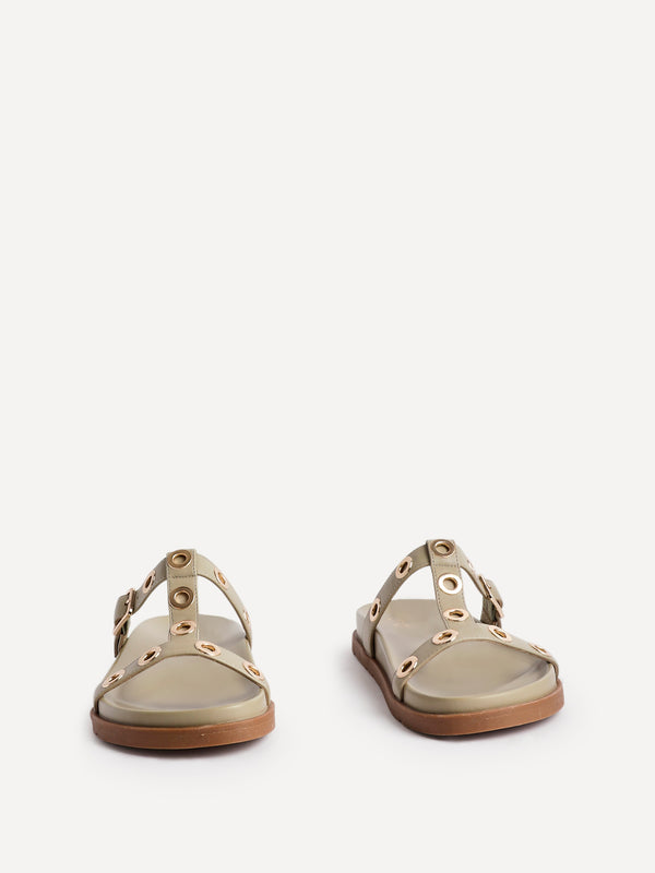Linzi Sage Green Faux Leather Studded Flat Sandals