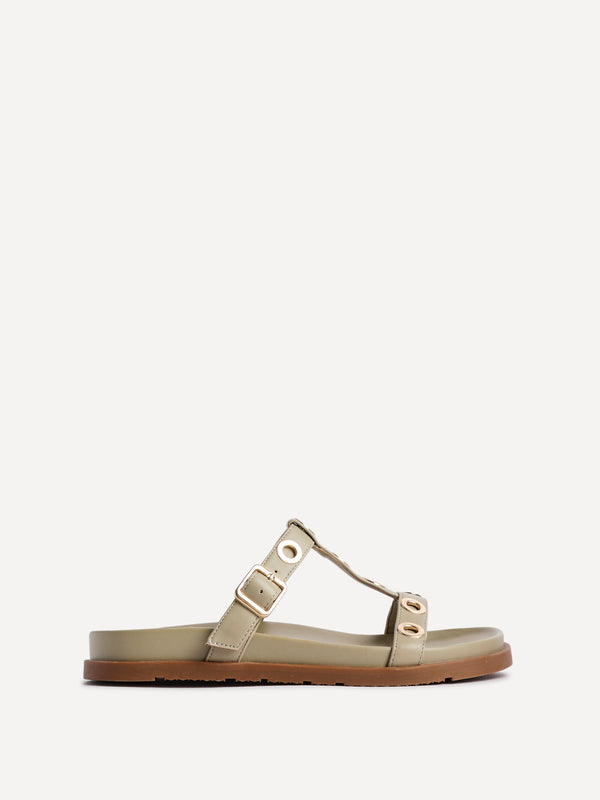 Linzi Sage Green Faux Leather Studded Flat Sandals