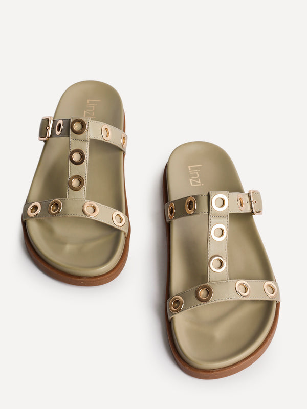 Linzi Sage Green Faux Leather Studded Flat Sandals