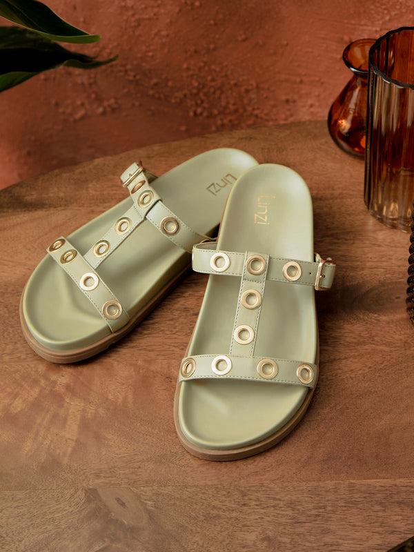linzi Sage Green Faux Leather Studded Flat Sandals