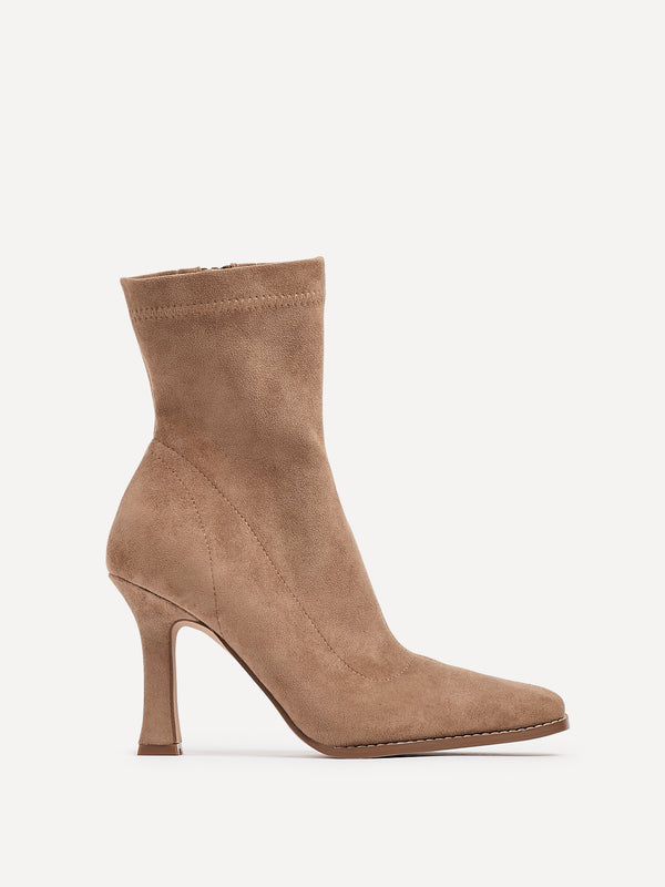 Linzi Sand Faux Suede Square Toe Heeled Sock Boot