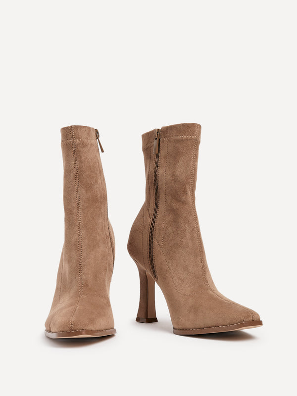 Linzi Sand Faux Suede Square Toe Heeled Sock Boot