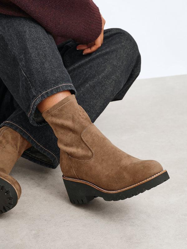 linzi Sand Faux Suede Wedged Heel Ankle Boot