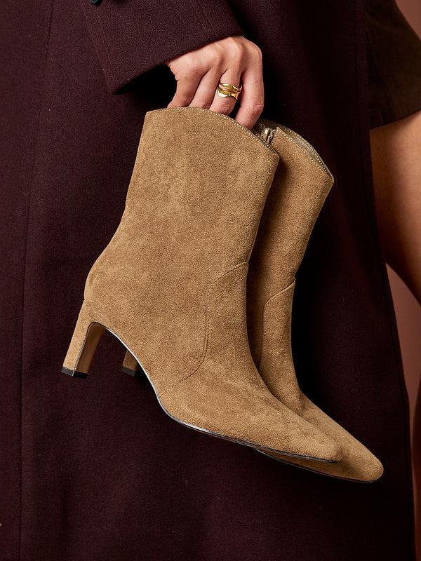 linzi Sand Faux Suede Western Inspired Heeled Boot