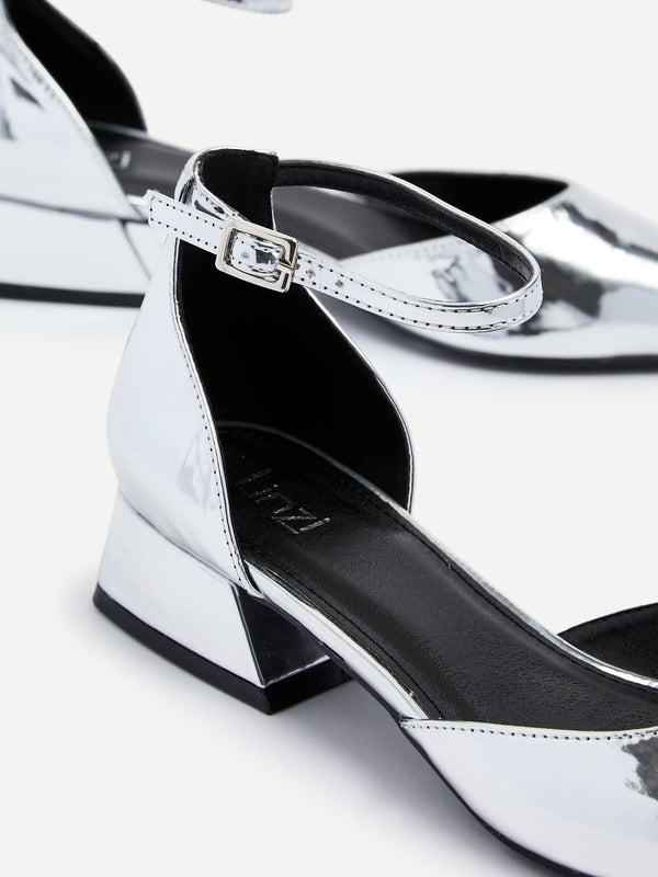 Linzi Silver Chrome Low Block Court Heel