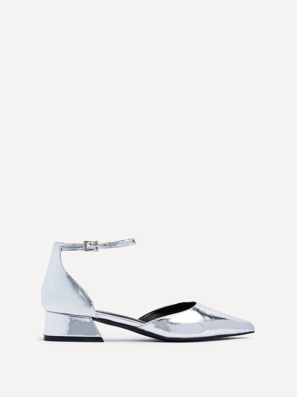linzi Silver Chrome Low Block Court Heel