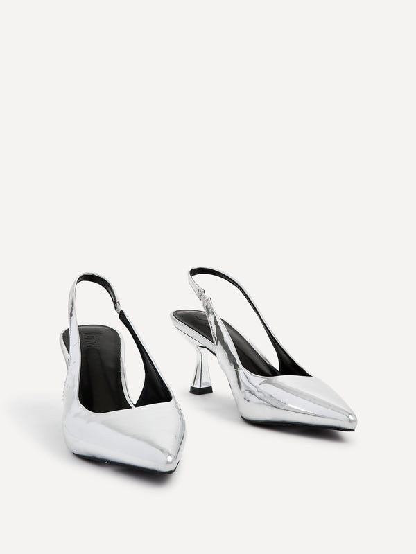 Linzi Silver Chrome Sling Back Low Court Heel