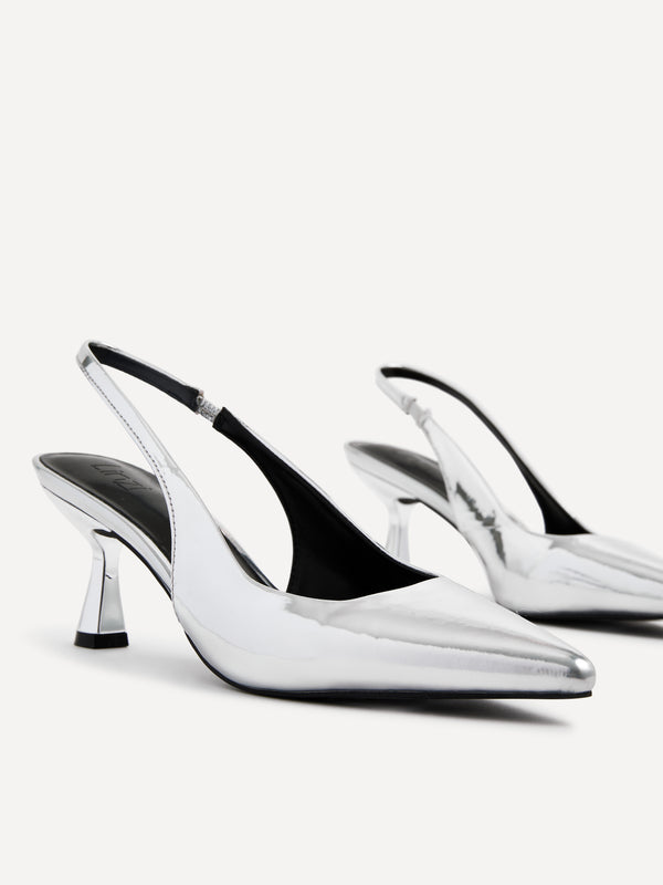 Linzi Silver Chrome Sling Back Low Court Heel