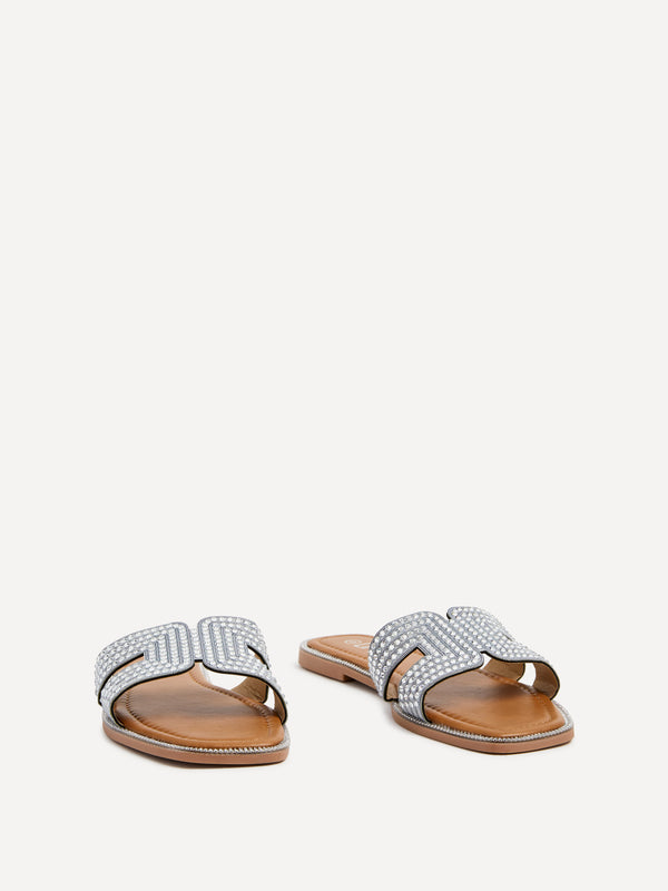 Linzi Silver Diamante Link Design Flat Sandal