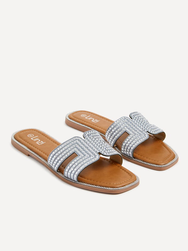 Linzi Silver Diamante Link Design Flat Sandal