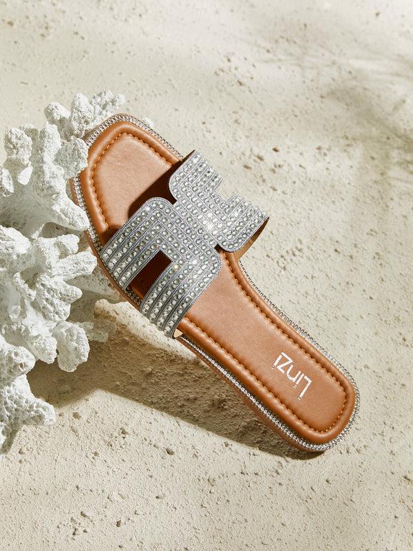 linzi Silver Diamante Link Design Flat Sandal