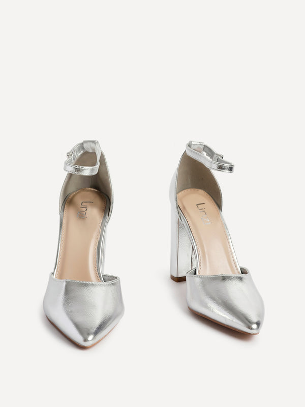 Linzi Silver Faux Leather Block Heeled Court Shoe