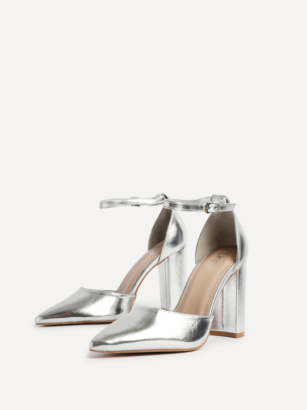 Linzi Silver Faux Leather Block Heeled Court Shoe