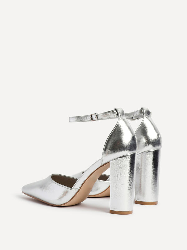 Linzi Silver Faux Leather Block Heeled Court Shoe