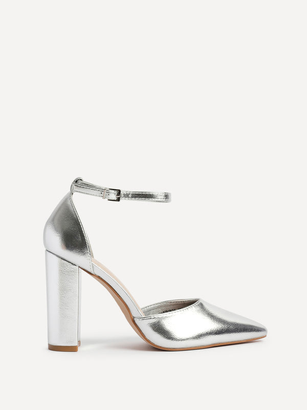 linzi Silver Faux Leather Block Heeled Court Shoe