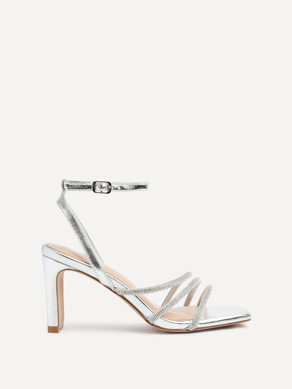 Linzi Silver Faux Leather Diamante Block Heel