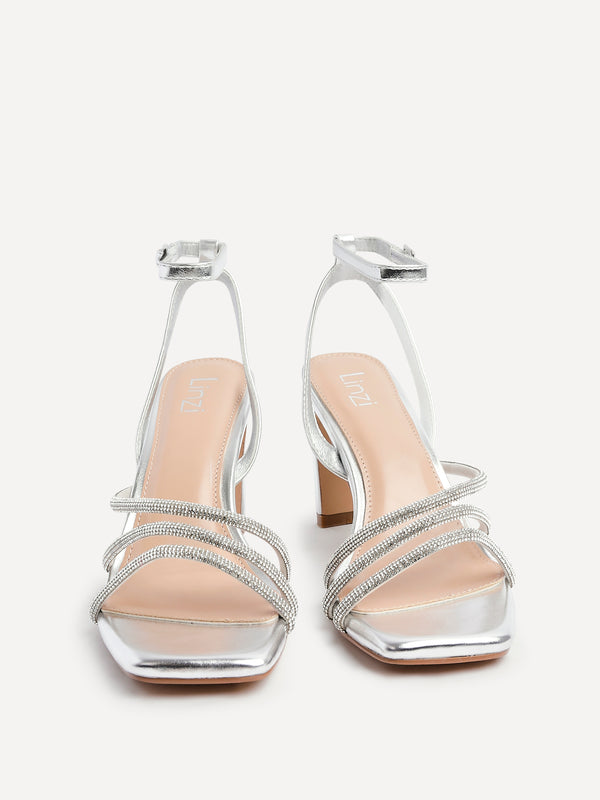 Linzi Silver Faux Leather Diamante Block Heel