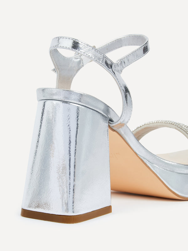 Linzi Silver Faux Leather Diamante Platform Heels