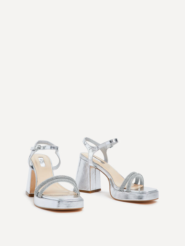 Linzi Silver Faux Leather Diamante Platform Heels
