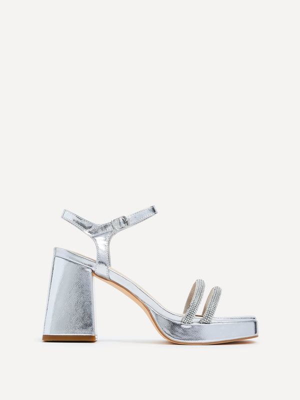 linzi Silver Faux Leather Diamante Platform Heels