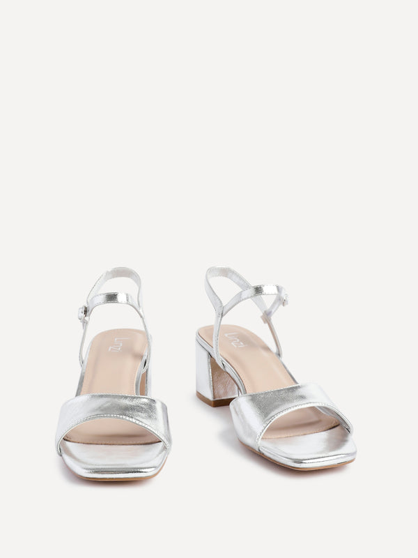 Linzi Silver Faux Leather Low Block Heeled Sandals