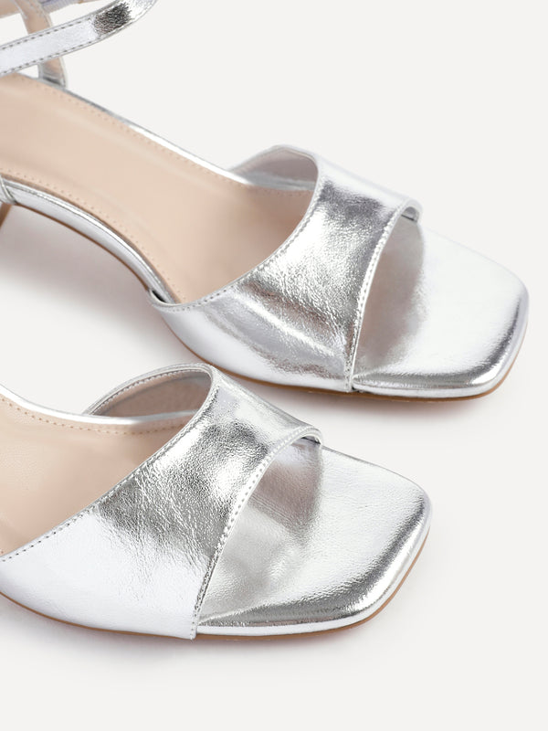 Linzi Silver Faux Leather Low Block Heeled Sandals