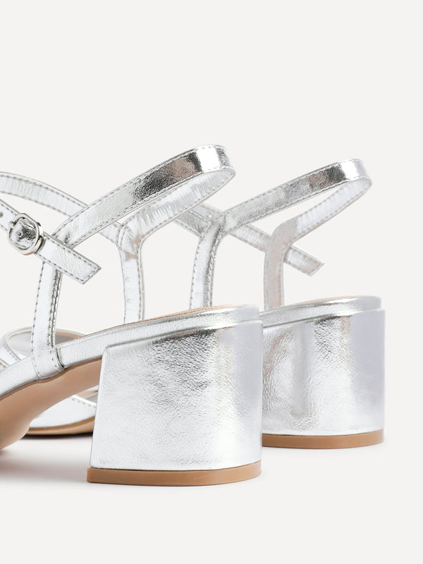 Linzi Silver Faux Leather Low Block Heeled Sandals