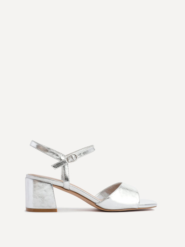 linzi Silver Faux Leather Low Block Heeled Sandals