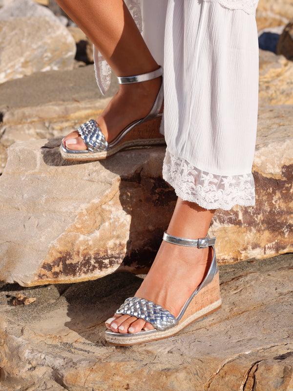 linzi Silver Faux Leather Plaited Wedge