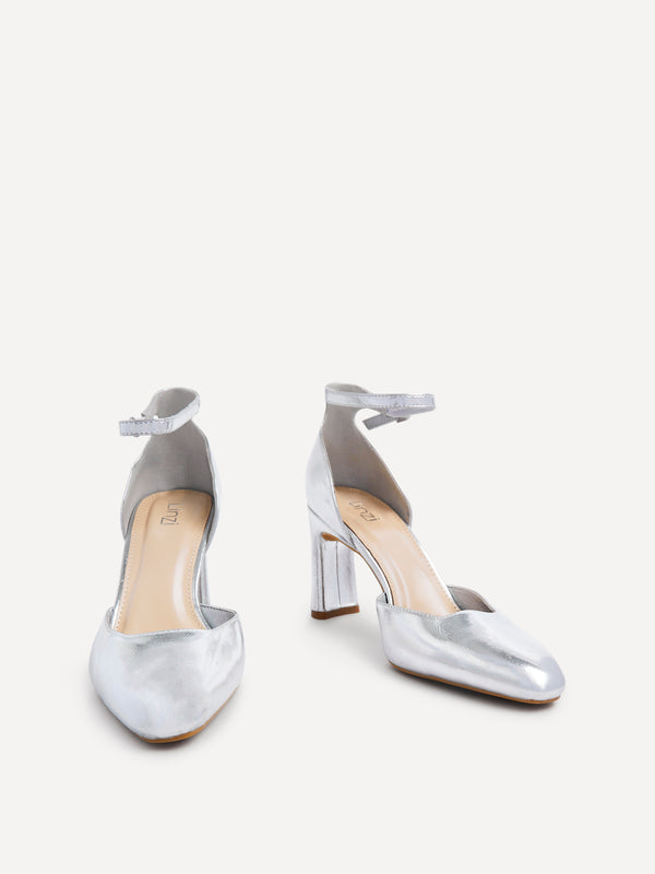 Linzi Silver Faux Leather Square Toe Court Heel