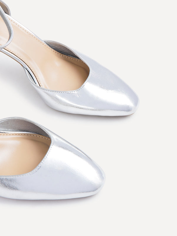 Linzi Silver Faux Leather Square Toe Court Heel