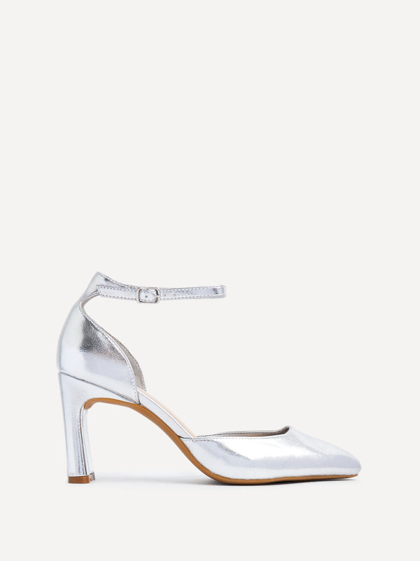 linzi Silver Faux Leather Square Toe Court Heel