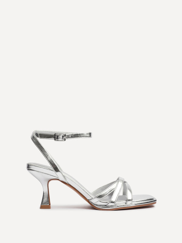 Linzi Silver Faux Leather Strappy Heeled Sandals