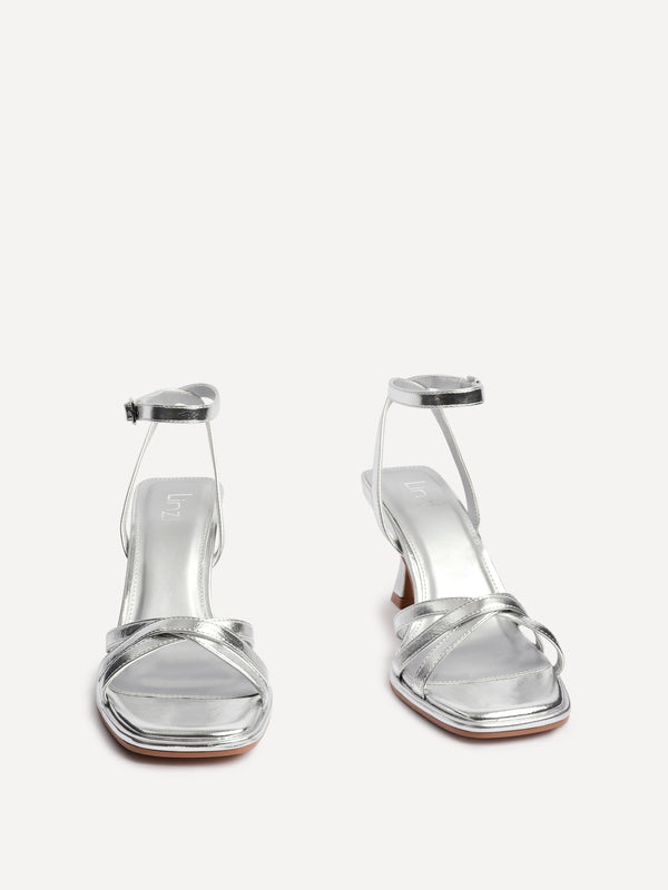 Linzi Silver Faux Leather Strappy Heeled Sandals