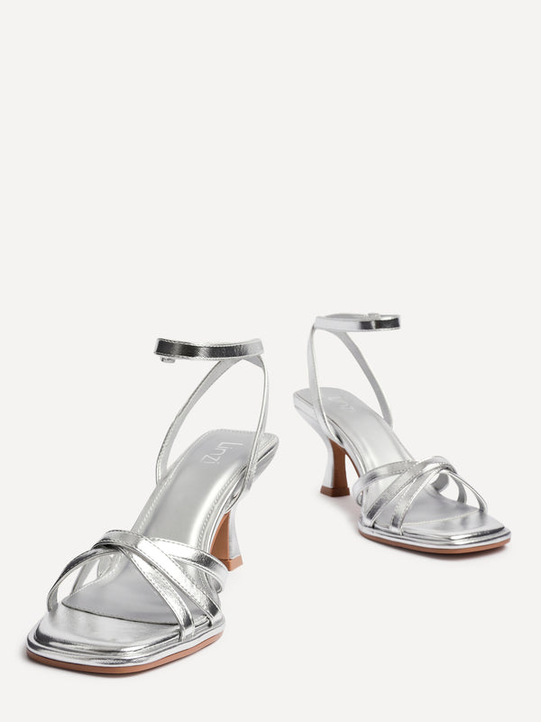 Linzi Silver Faux Leather Strappy Heeled Sandals