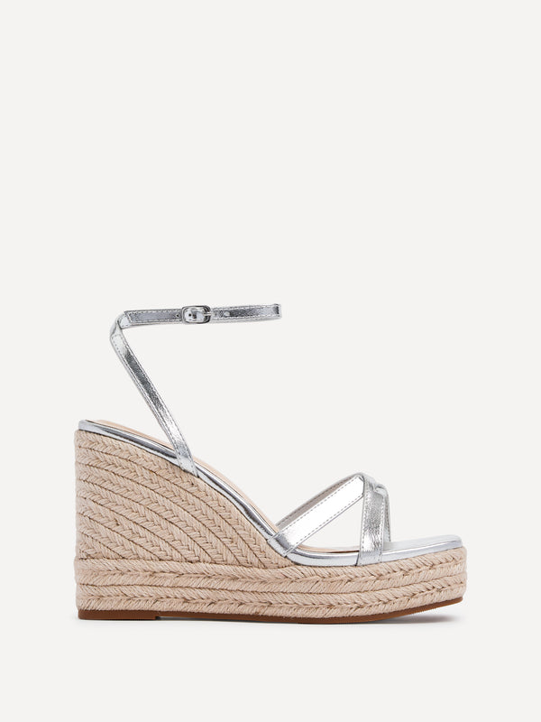 Linzi Silver Faux Leather Strappy Rope Wedge