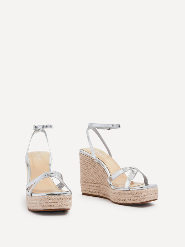 Linzi Silver Faux Leather Strappy Rope Wedge