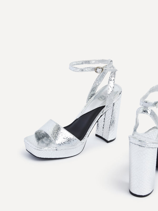 Linzi Silver Faux Lizard Leather Platform Heels