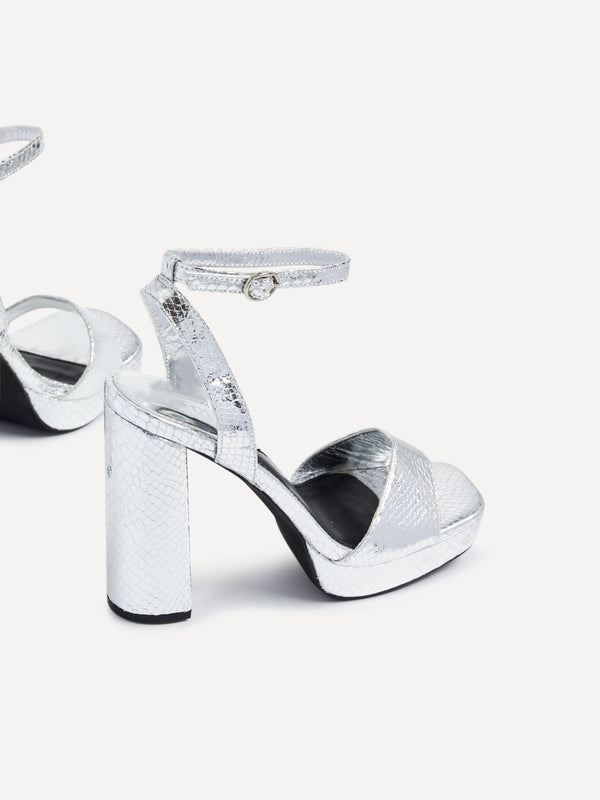 Linzi Silver Faux Lizard Leather Platform Heels